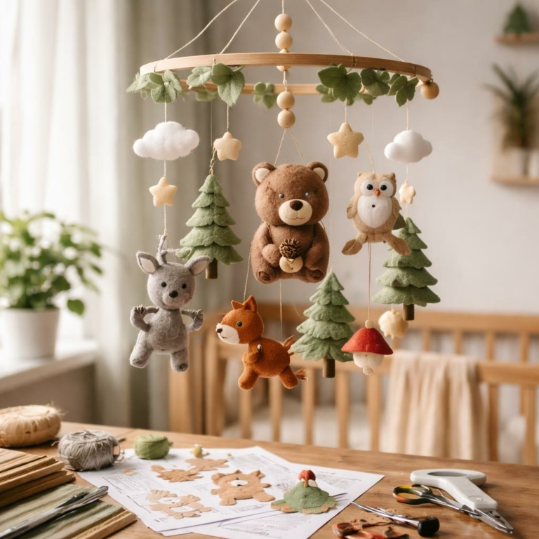 Mobile bébé DIY « Aventure en forêt » — Ours en feutrine | Gabarit PDF inclus